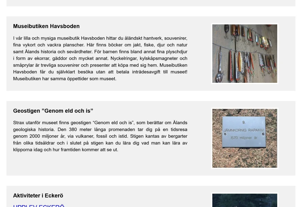Ett skärmklipp av webbplats för Ålands jakt- och fiskemuseum.