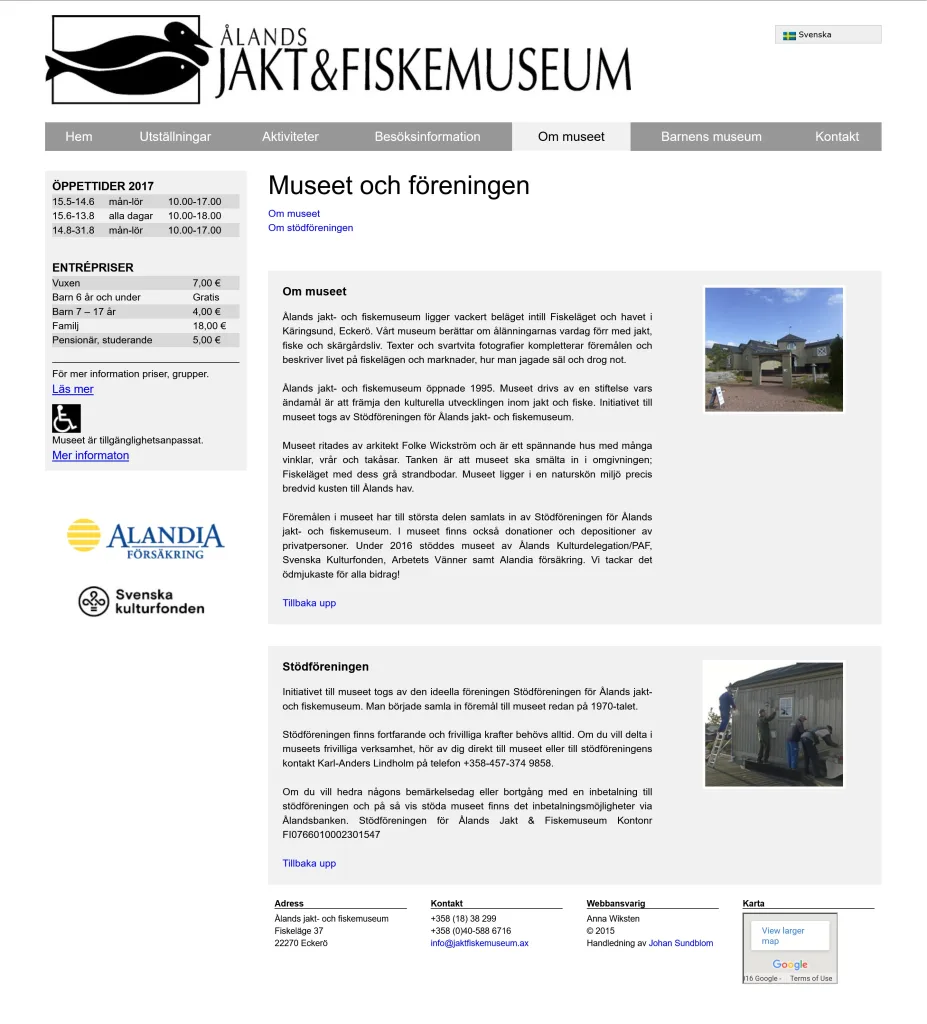 Ett skärmklipp av webbplats för Ålands jakt- och fiskemuseum.