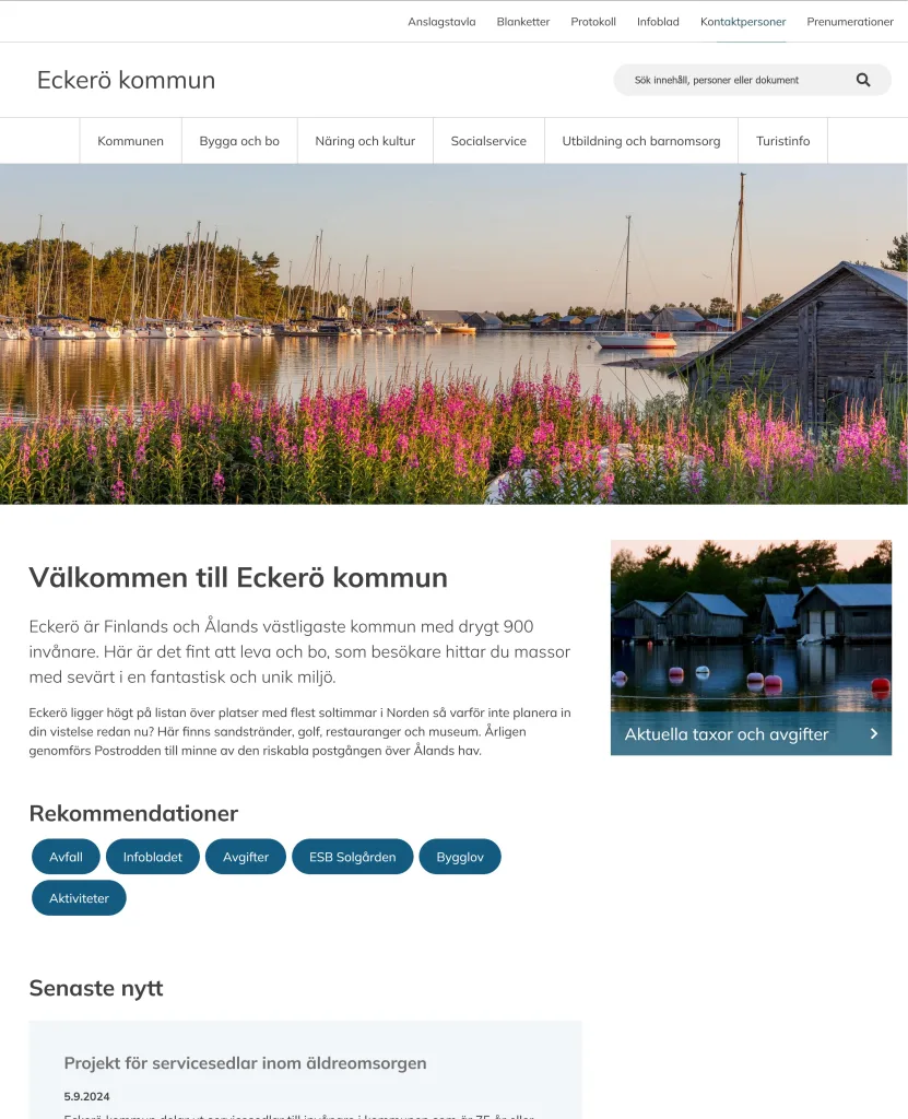Ett skärmklipp av webbplats för Eckerö kommun.