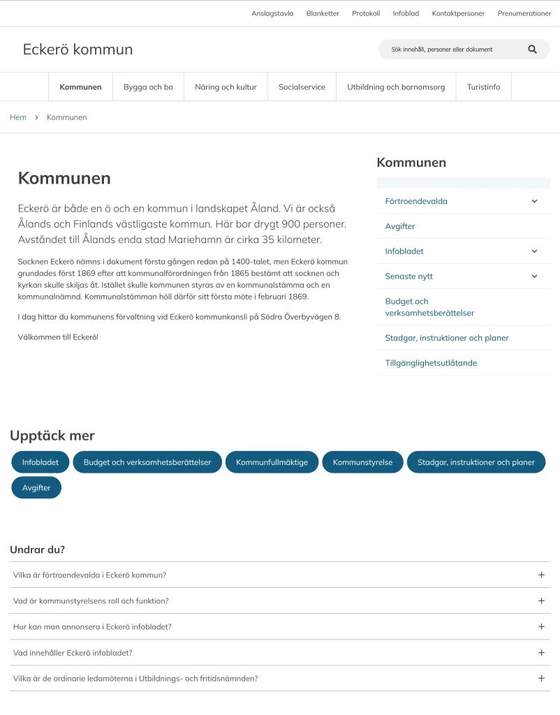 Ett skärmklipp av Eckerö kommuns webbplats.