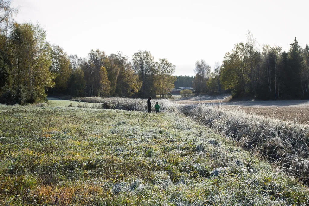Photograph from the series People and Place by Anna Wiksten: a man and a child in a frosty field.