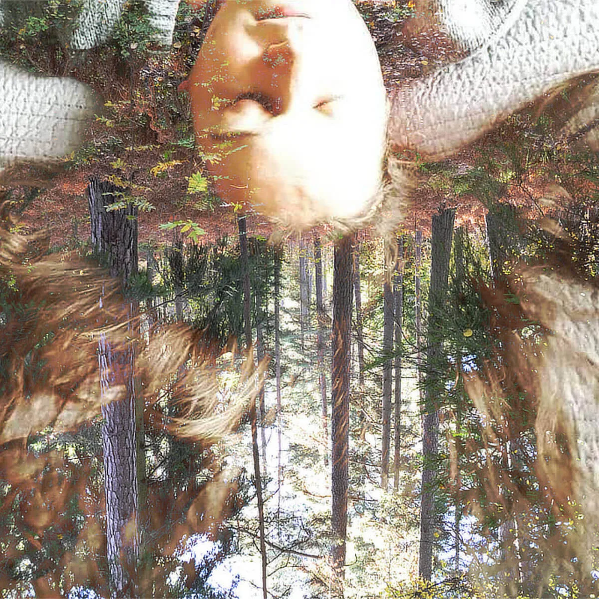 Fotografi ur serien Behind the Looking Glass av Anna Wiksten: kvinna med skog i håret.