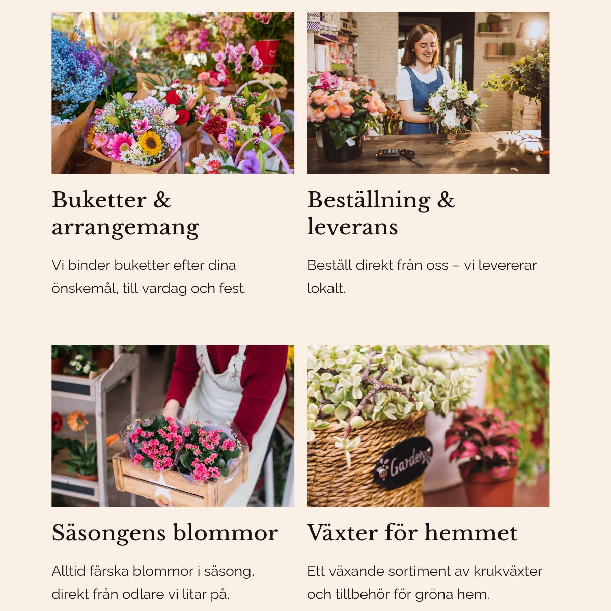 Ett skärmklipp av en sajt för en blomsterhandel, med bilder och korta texter i en grid-vy.