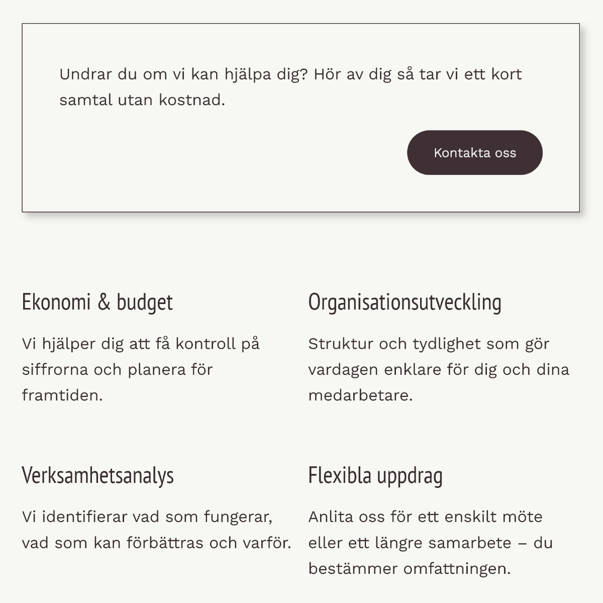 Skärmklipp på en webbsida för en konsultverksamhet: Kontakta oss-ruta och text i grid-vy.