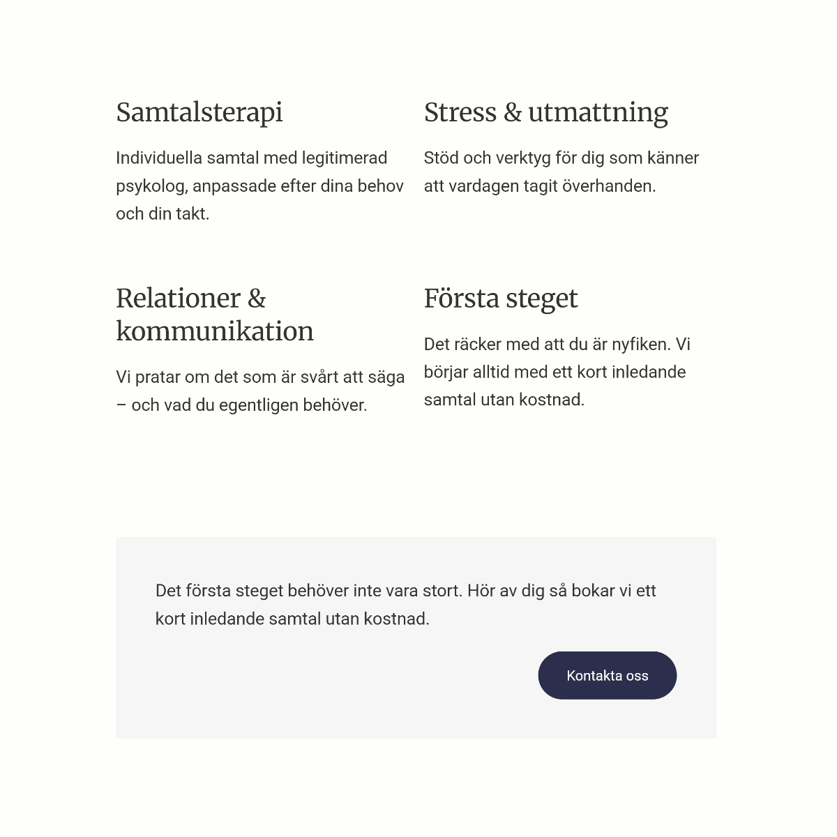 Detaljvy av en hemsida för en psykologmottagning: korta texter i grid-vy och en Kontakta oss-knapp.