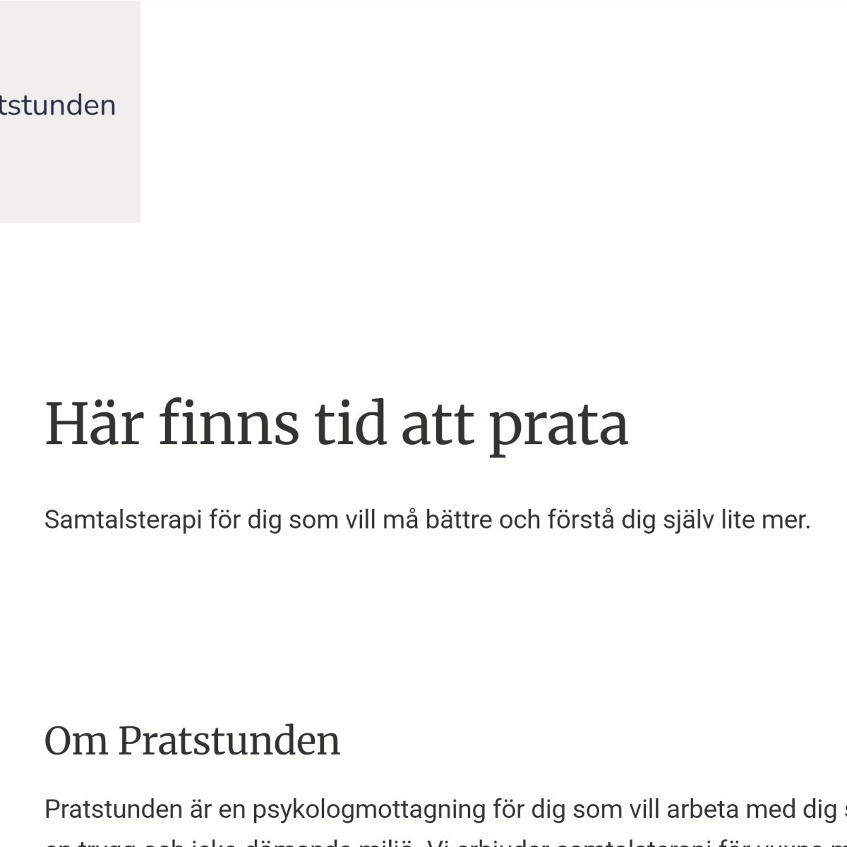 Del av hemsida för psykologmottagning: en del av logotyp, tagline och en del av företagspresentation.