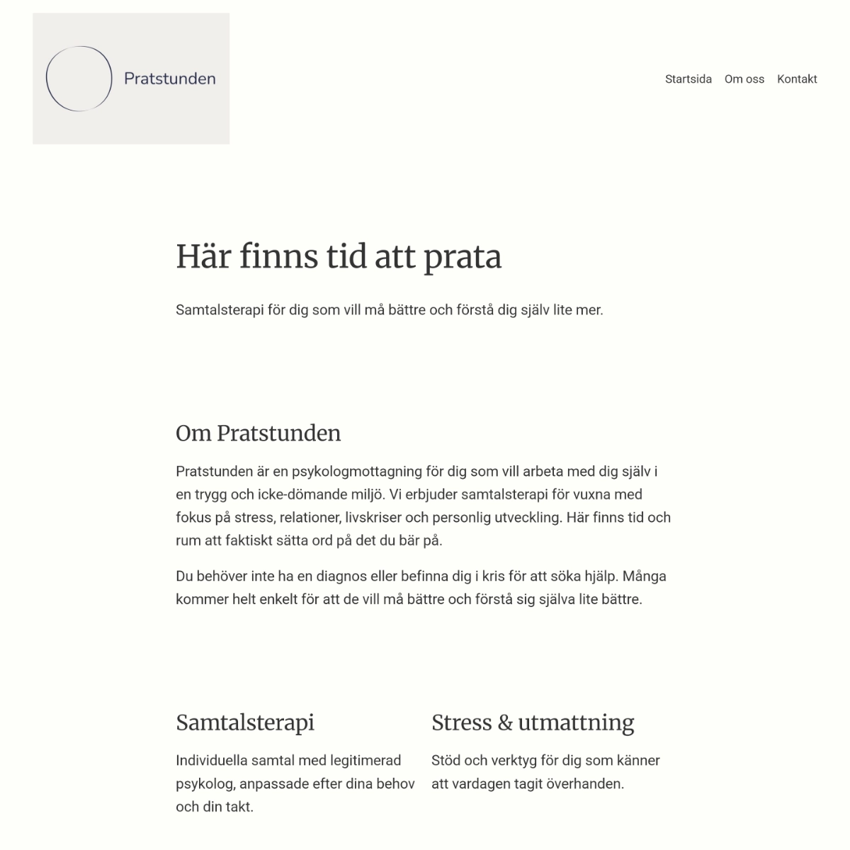 Del av helsidesvy av hemsida för psykologmottagning: logotyp, meny, del av presentation av företaget.