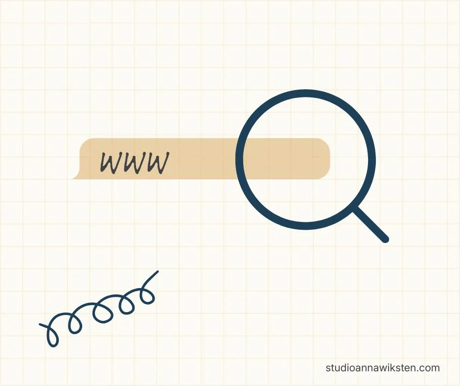 En sökruta och ett förstoringsglas, en liten doodle och text "studioannawiksten.com".