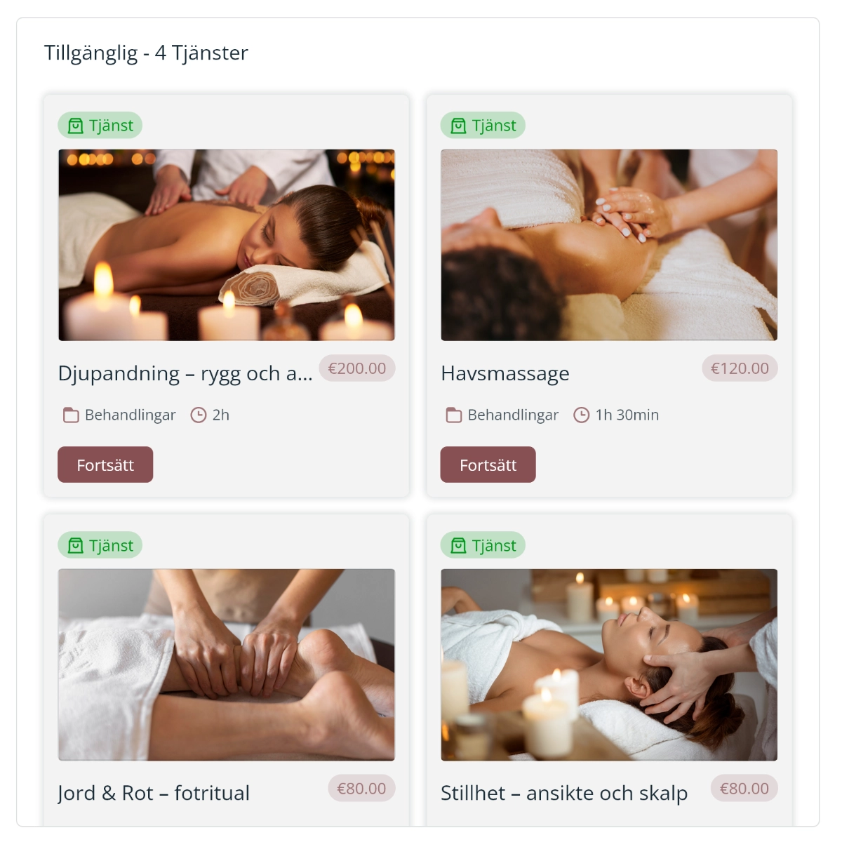 Ett bokningssystem med bokningsbara spa-behandlingar.