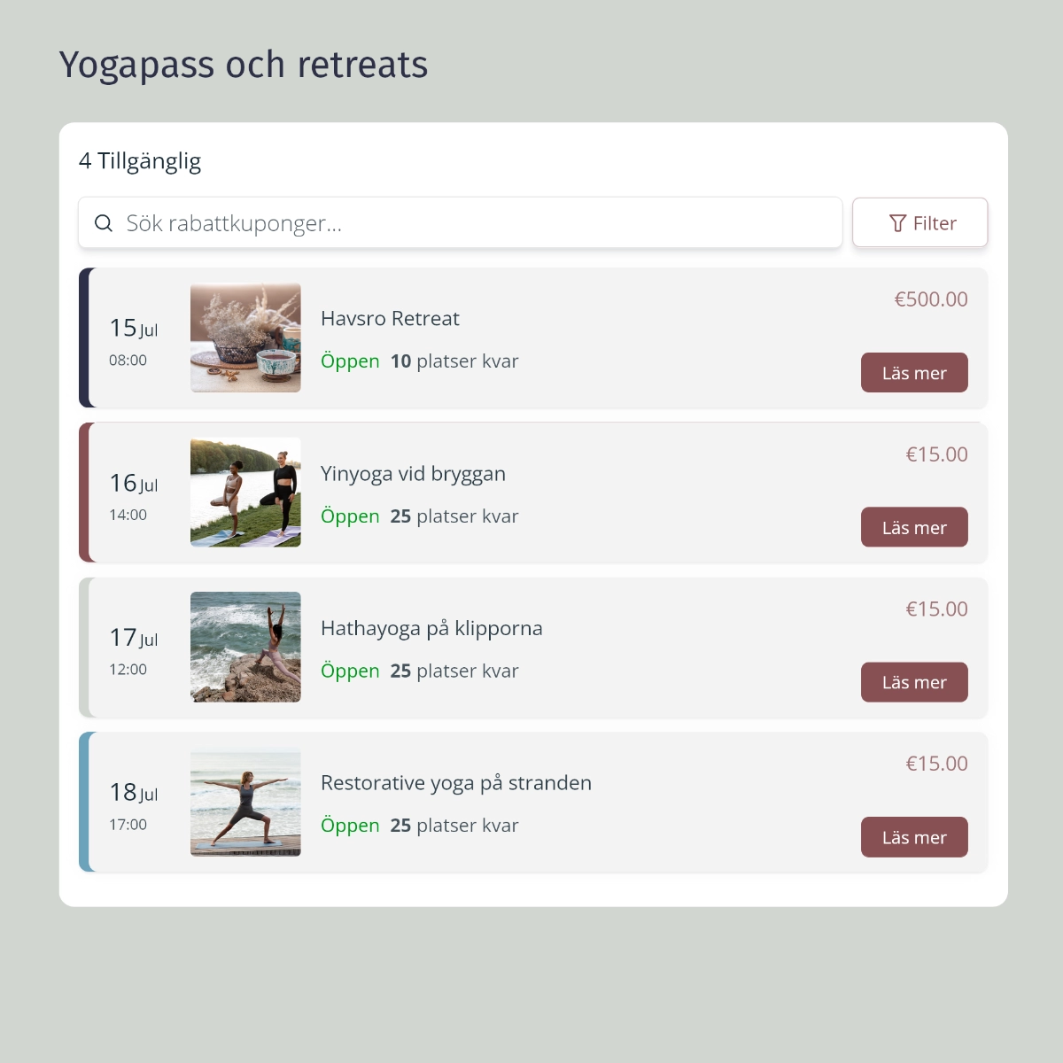 Ett bokningssystem med bokningsbara yogapass och retreats.