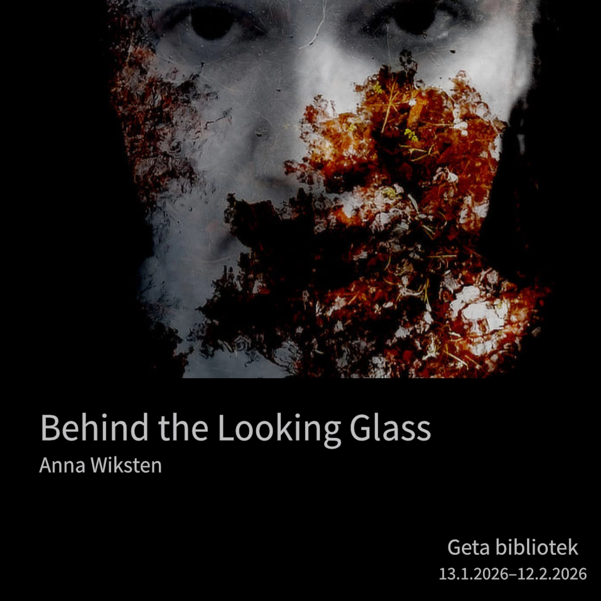Utställningaffisch för utställning på Geta bibliotek, Behind the Looking Glass av Anna Wiksten.